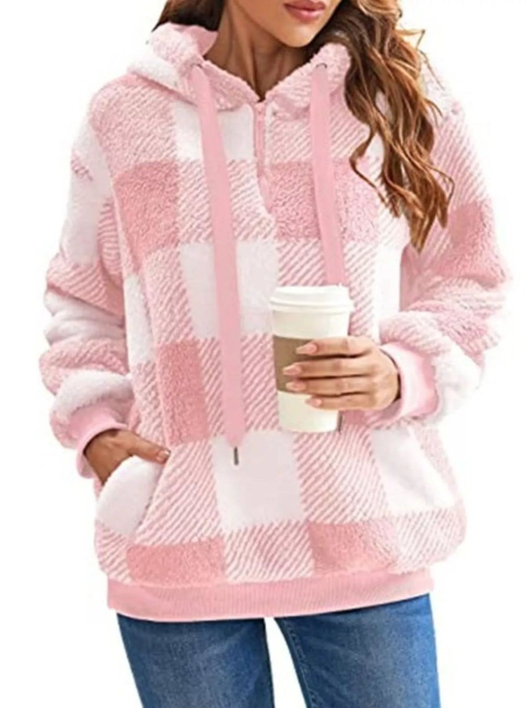 Pink Plaid sherpa quarter-zip hoodie with front pocket