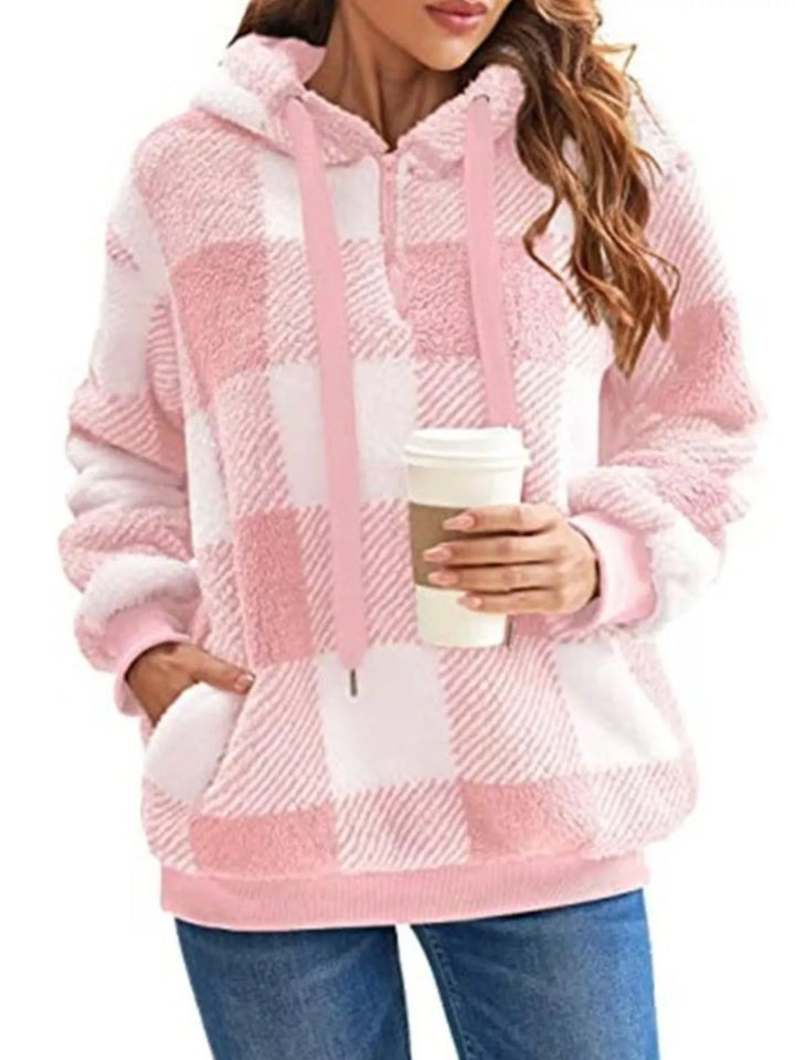Pink Plaid sherpa quarter-zip hoodie with front pocket