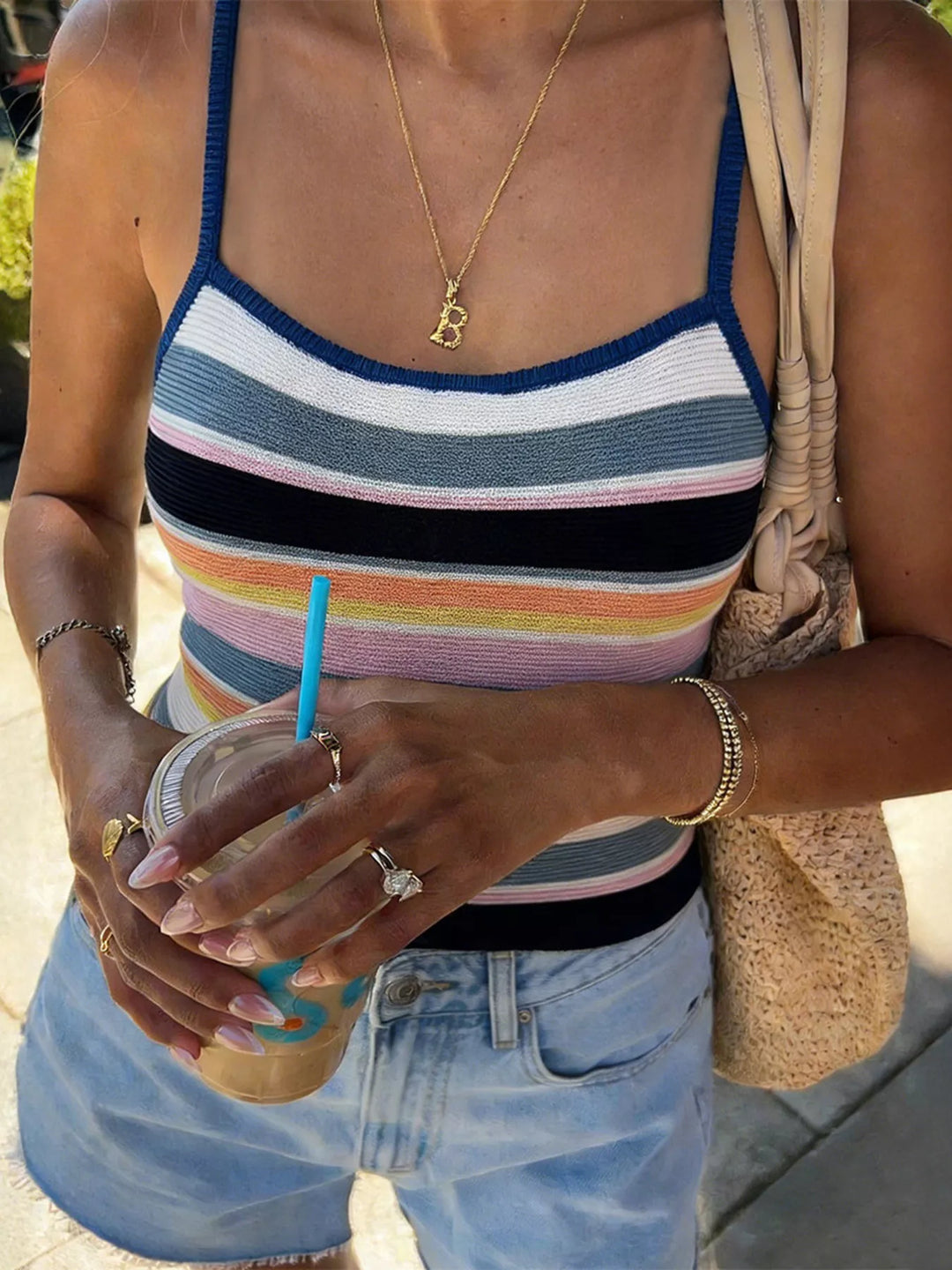 Navy Blue And White Stripes Multi-stripe ribbed knit cami crop top with scoop neck