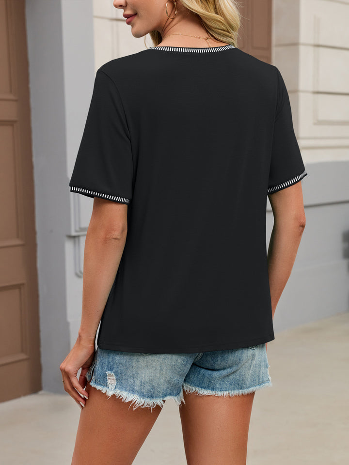 Contrast whipstitch trim short sleeve top with pintucks