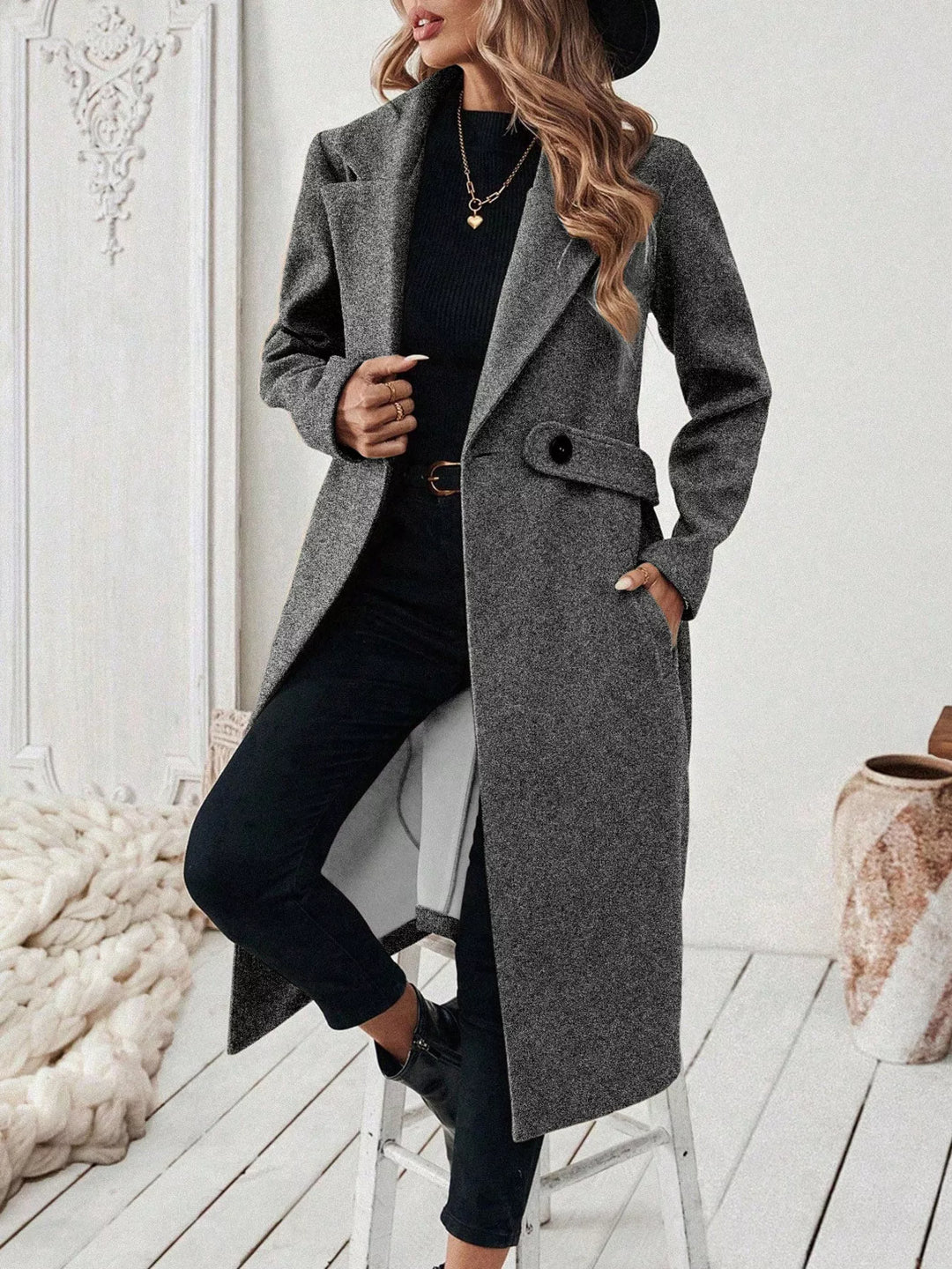 Notch lapel open-front longline coat with side pockets