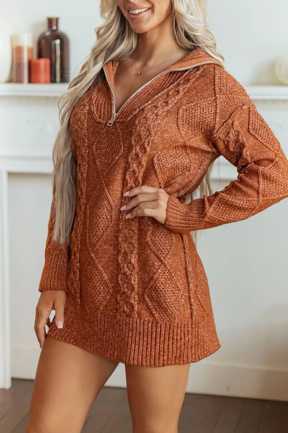 Cable knit quarter-zip mini sweater dress with drop shoulders