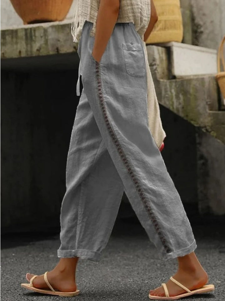 Grey Hollow-out trim cropped pants with drawstring waist