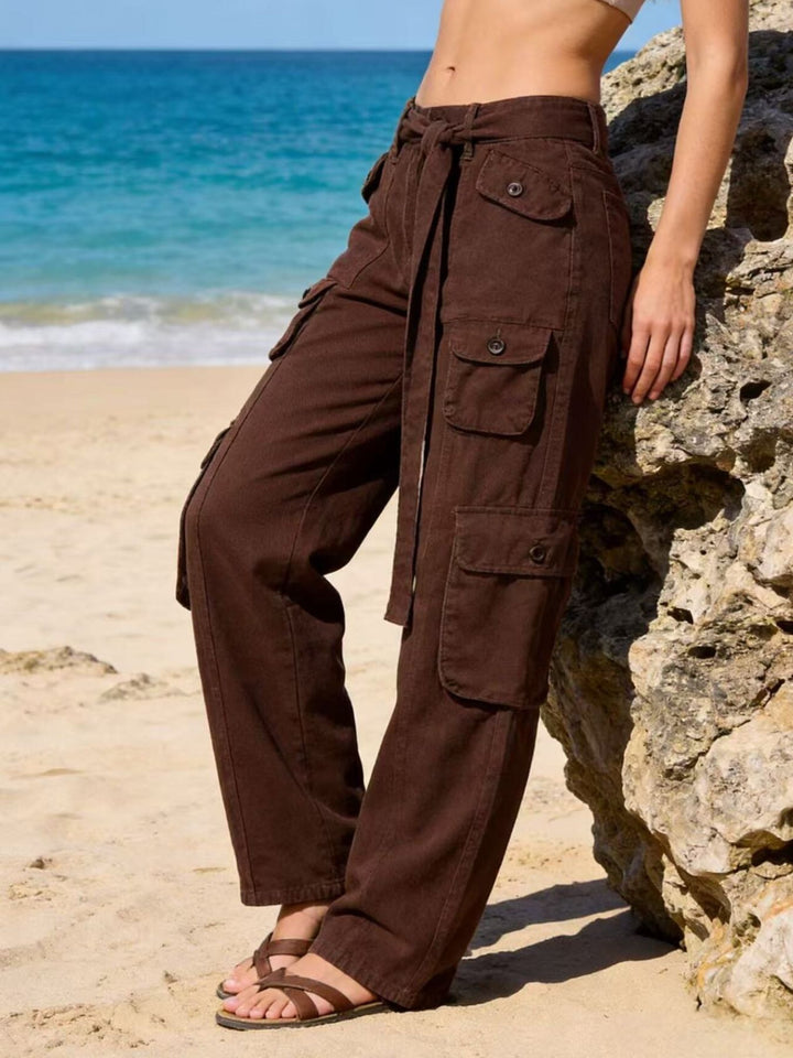 Brown Wide-leg cargo jeans with tie belt and button-flap pockets