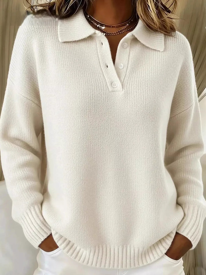 Milky White Half-button collar drop-shoulder pullover sweater