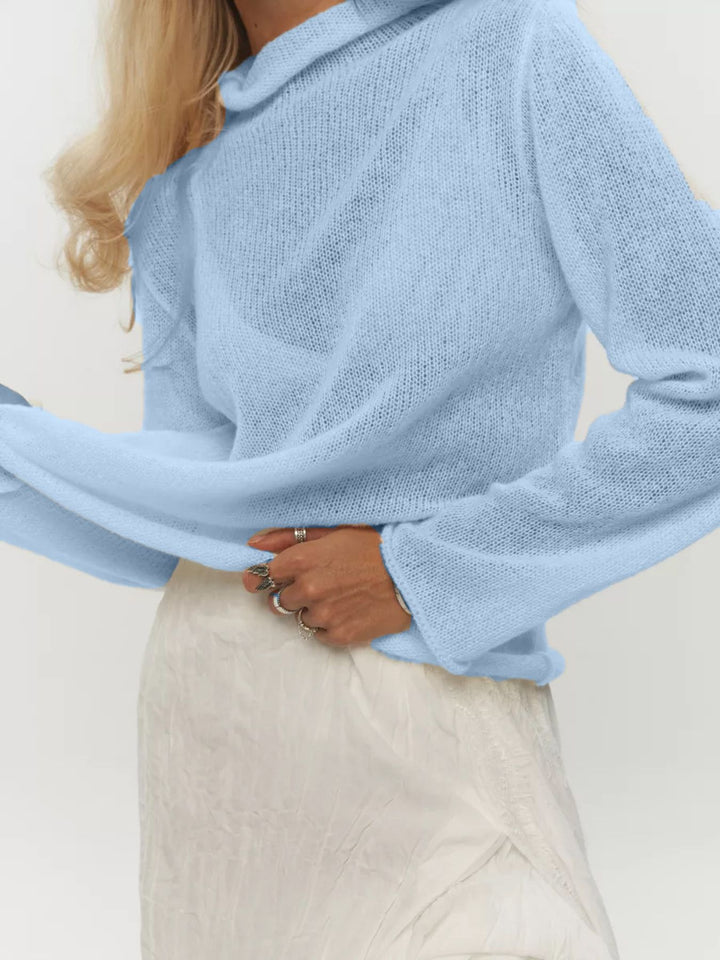 Blue Sheer open-knit mock neck sweater with long sleeves