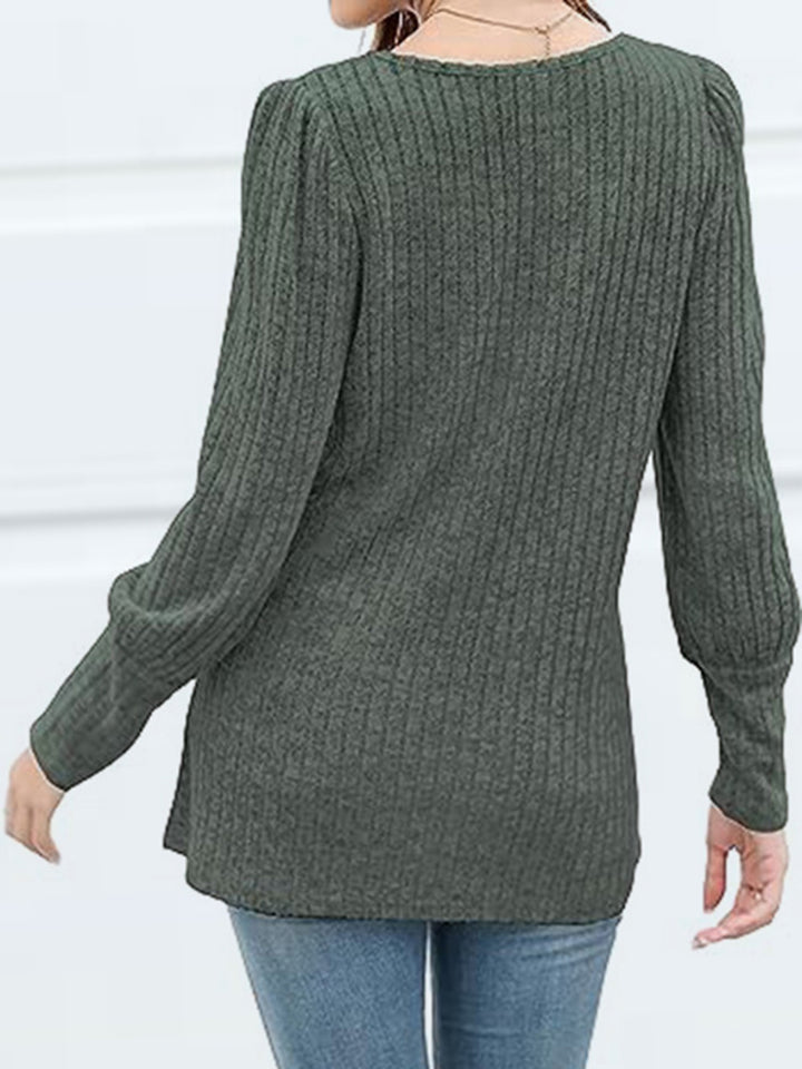 Ribbed knit square neck top with decorative buttons