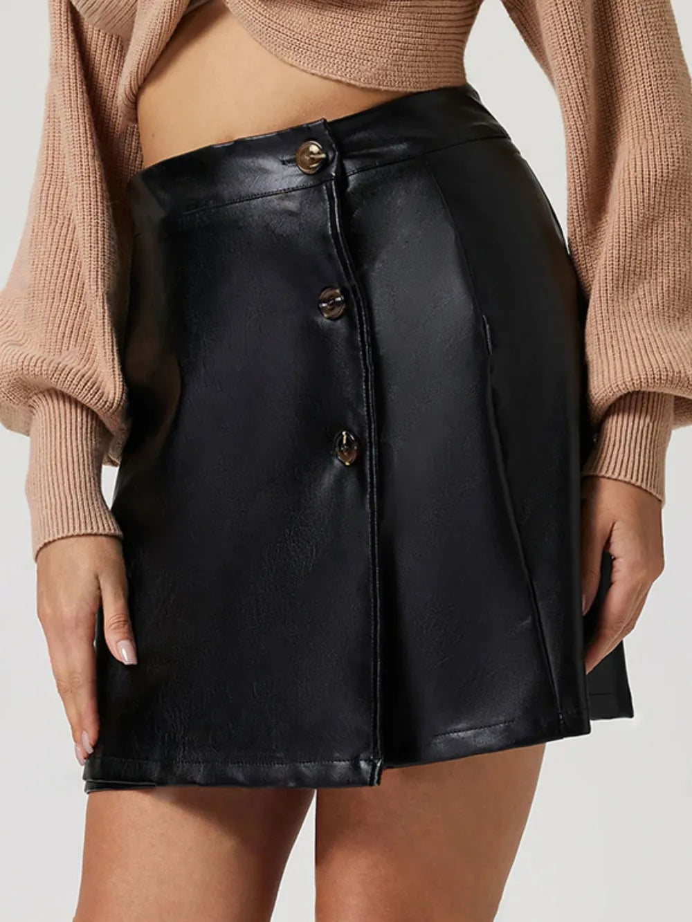 Faux leather high-rise mini skirt with button front detail