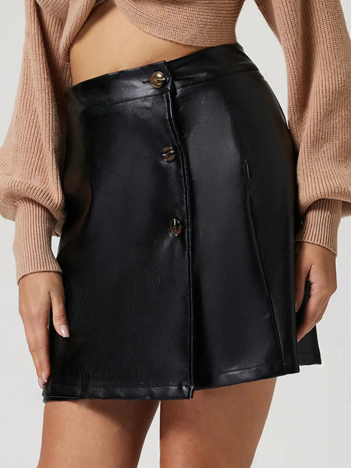 Faux leather high-rise mini skirt with button front detail