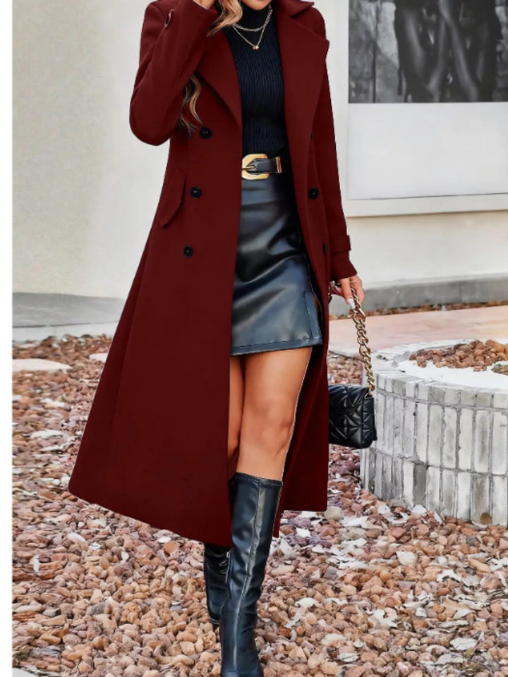 Deep Red Double-breasted longline trench coat with notch lapels