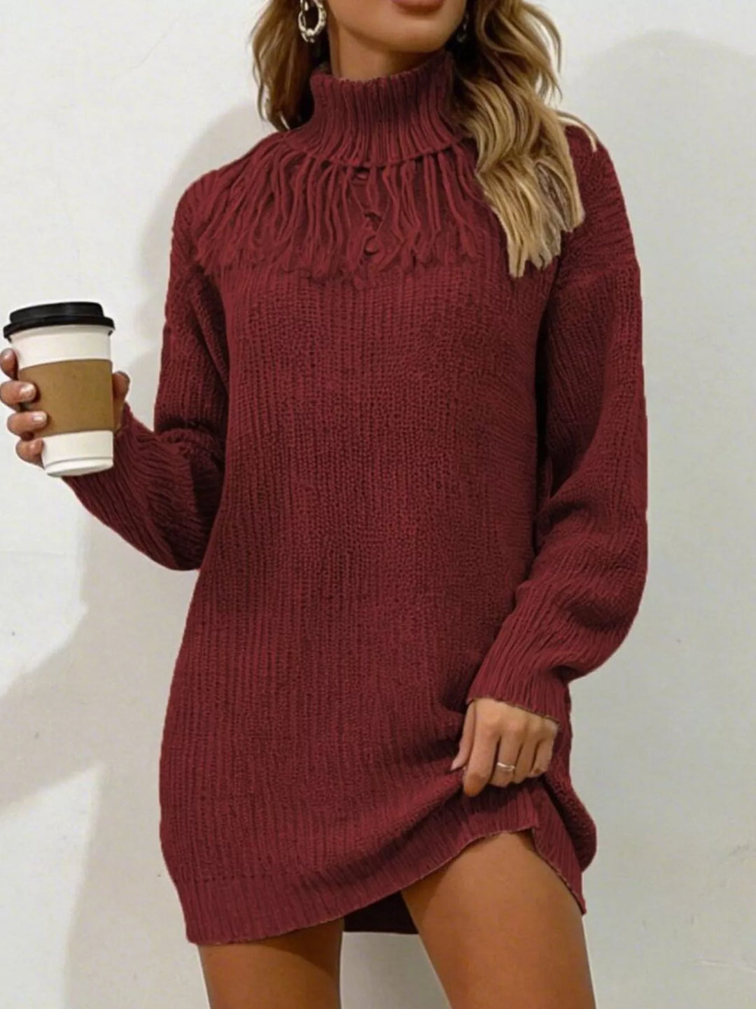 Burgundy Fringe yoke turtleneck sweater dress in ribbed knit