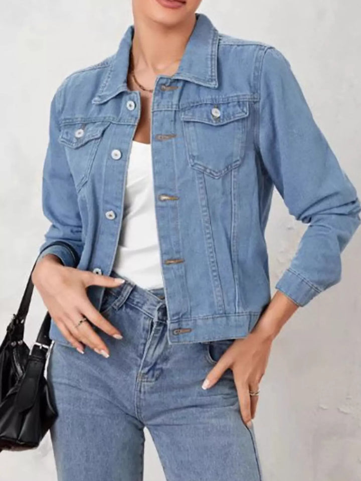 Cropped button-up denim trucker jacket with chest pockets
