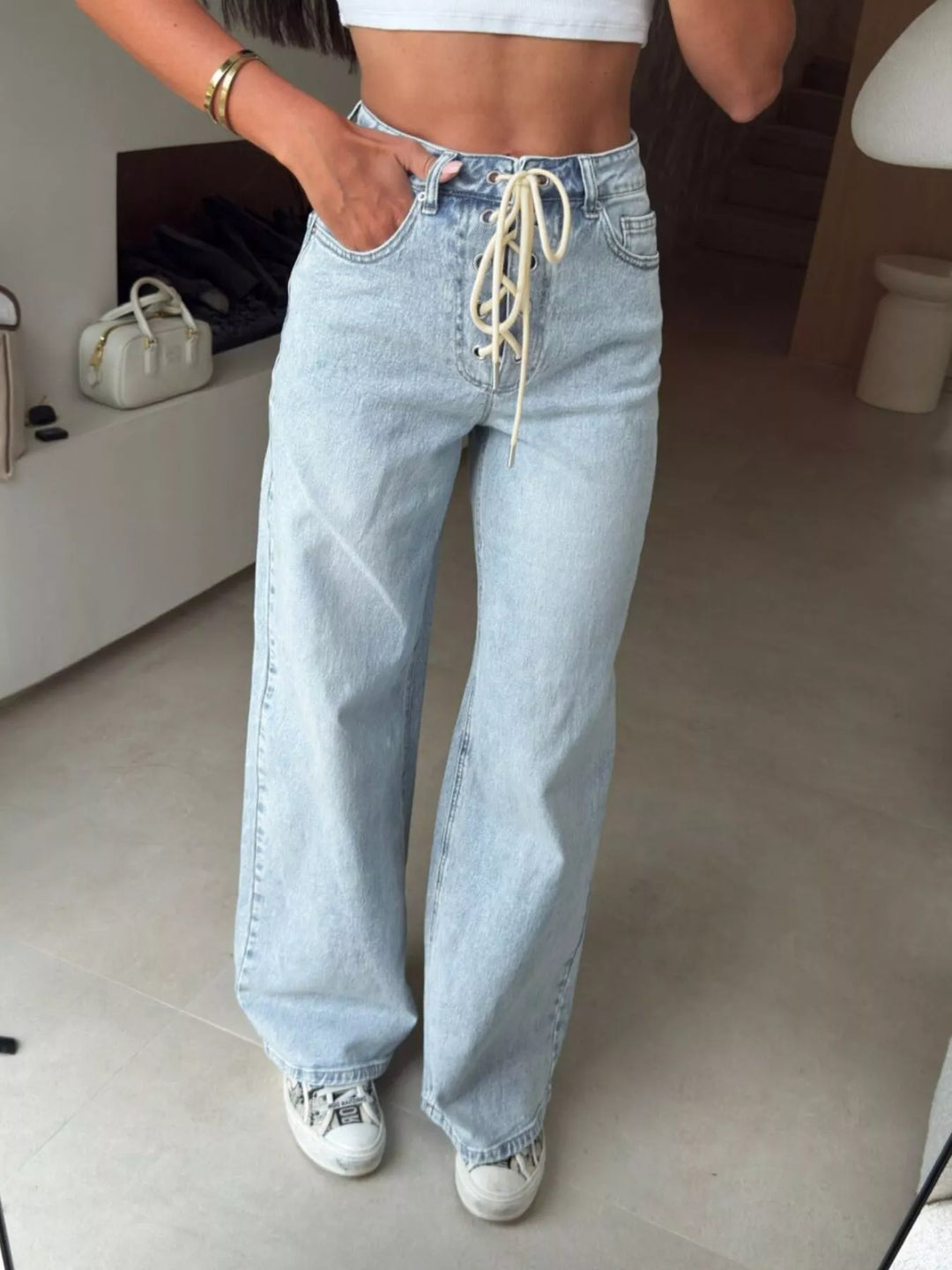 Lace-up corset-front high-rise wide leg jeans