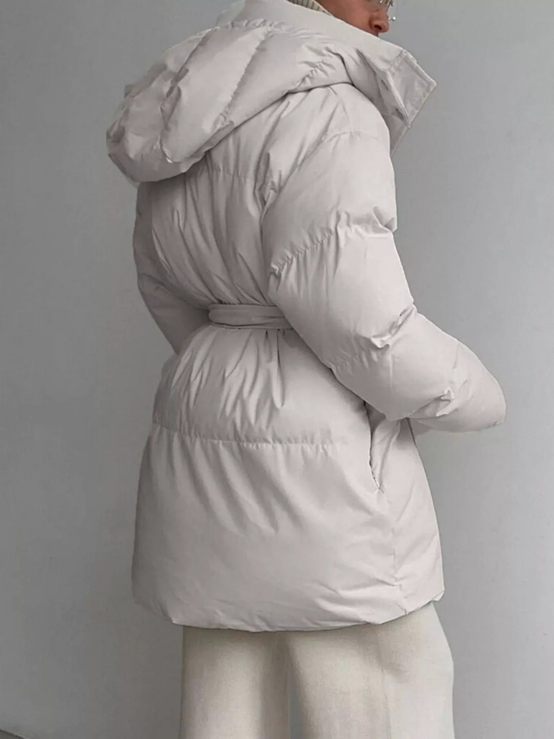 Belted puffer winter coat with snap-off hood