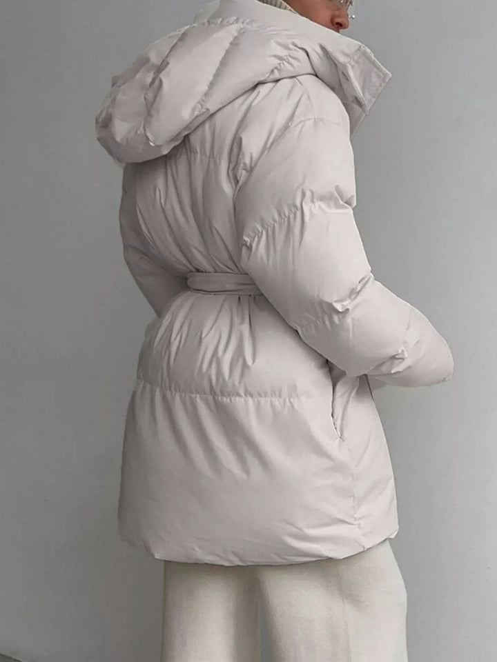 Belted puffer winter coat with snap-off hood