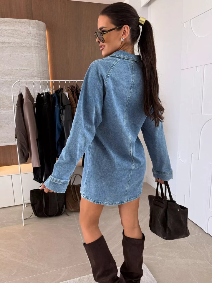 Relaxed collared long sleeve denim mini dress