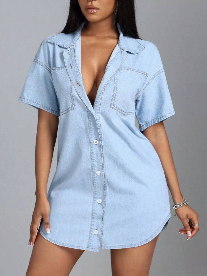 Light Button-down short sleeve denim shirt mini dress