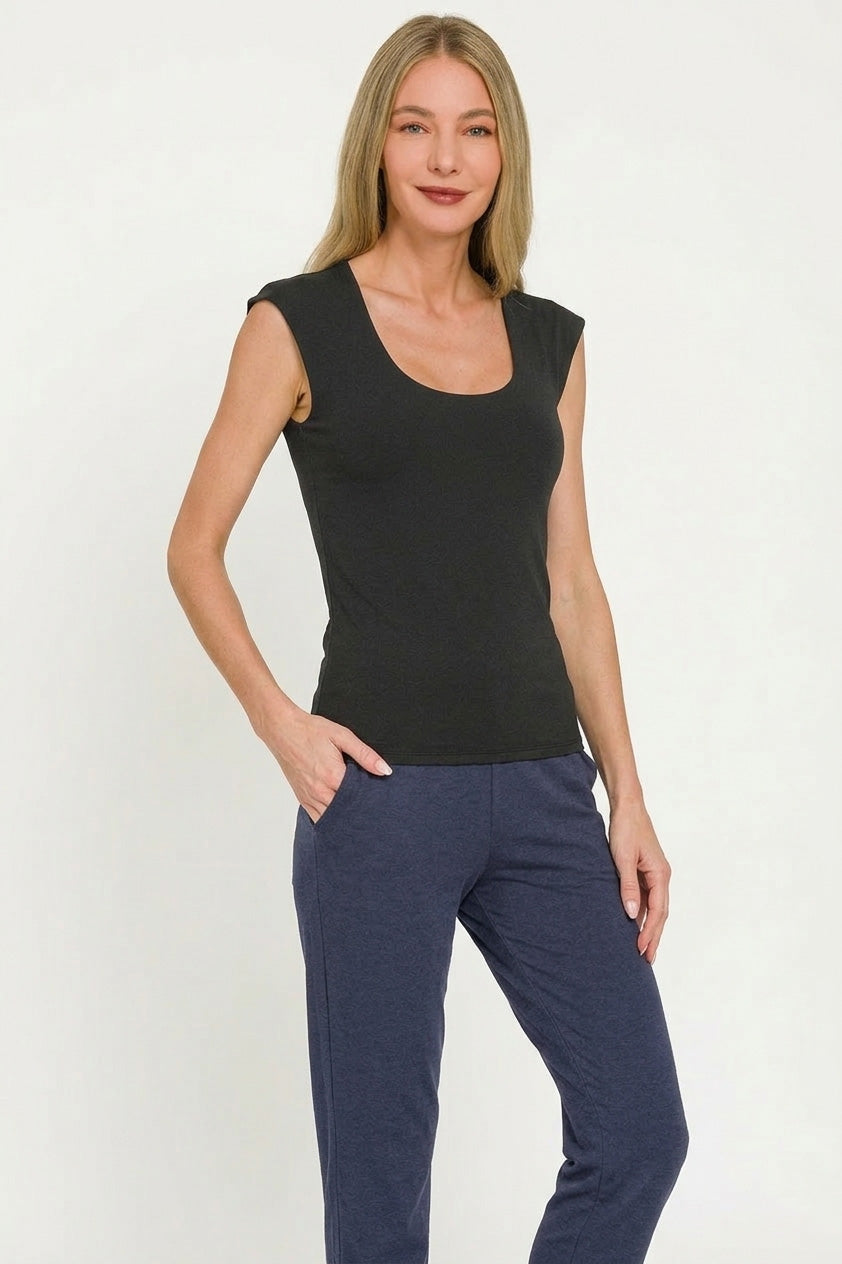 Double-layered scoop neck cap sleeve fitted top