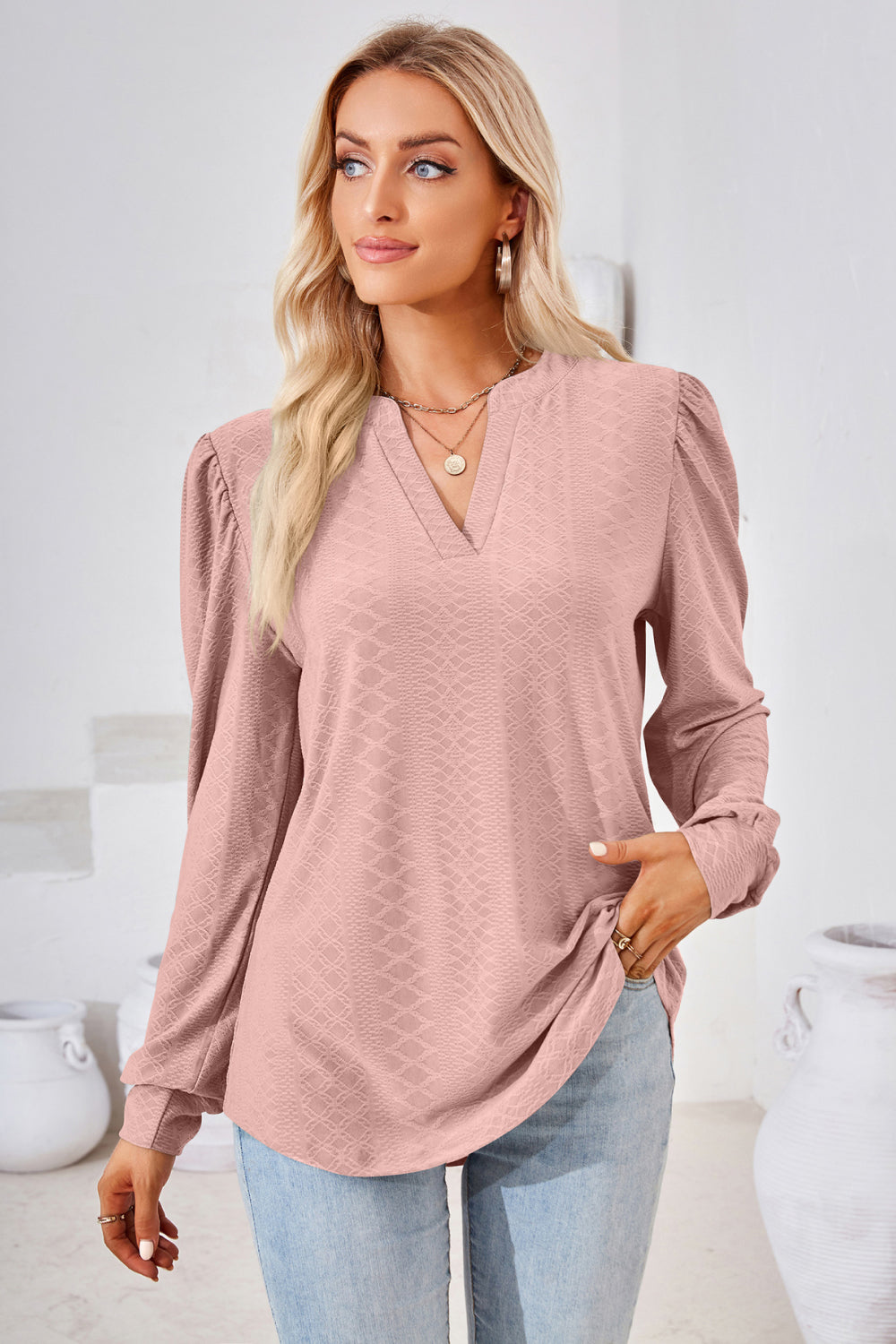 Textured knit split-neck puff sleeve blouse