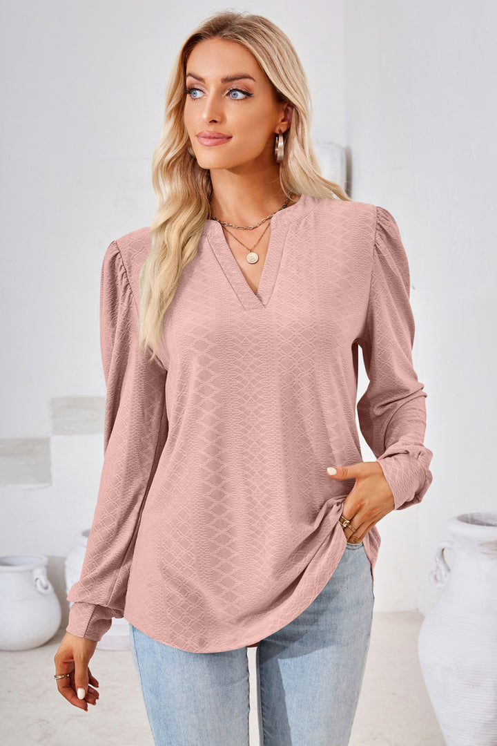 Textured knit split-neck puff sleeve blouse
