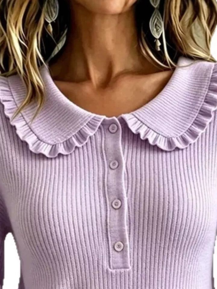 Ruffle collar ribbed knit sweater with button placket