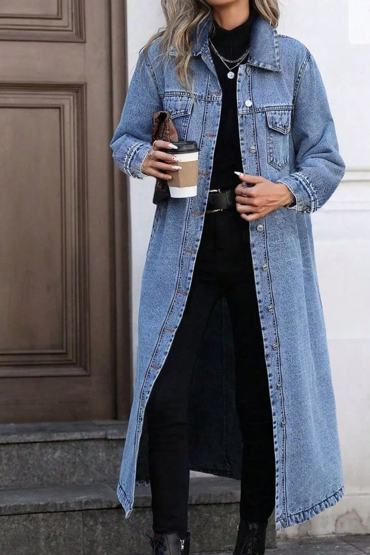 Longline button-down denim duster jacket with chest pockets