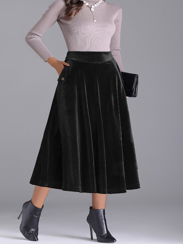Black Plus size velvet A-line midi skirt with side pocket