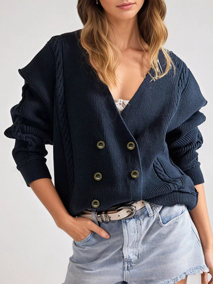 Dark Blue Double-breasted cable knit cardigan with raw hem
