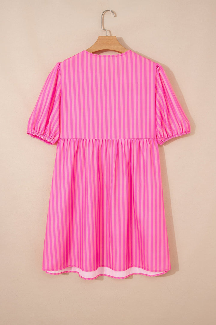 Striped puff sleeve mini dress with triple bow front