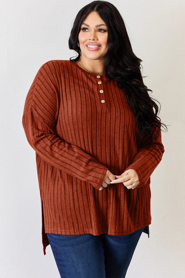 Ribbed knit half-button long sleeve high-low top