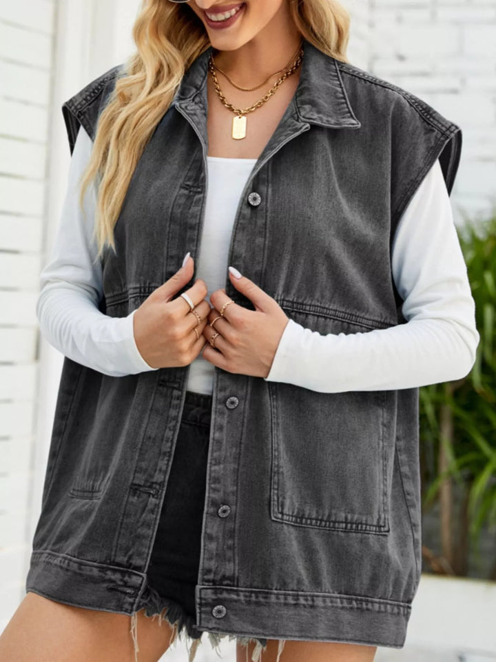 Sleeveless button-down denim vest jacket with patch pockets