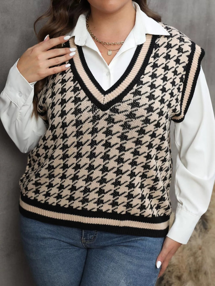 Houndstooth V-neck knit sweater vest with striped rib trim