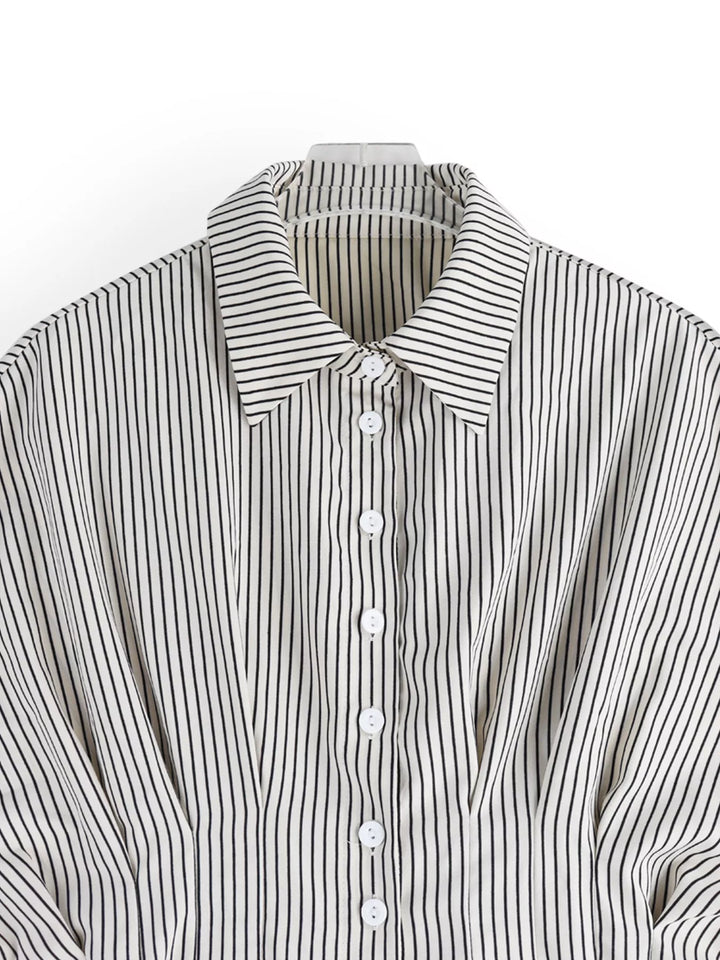 Striped button-down shirt with ruched cinched waist