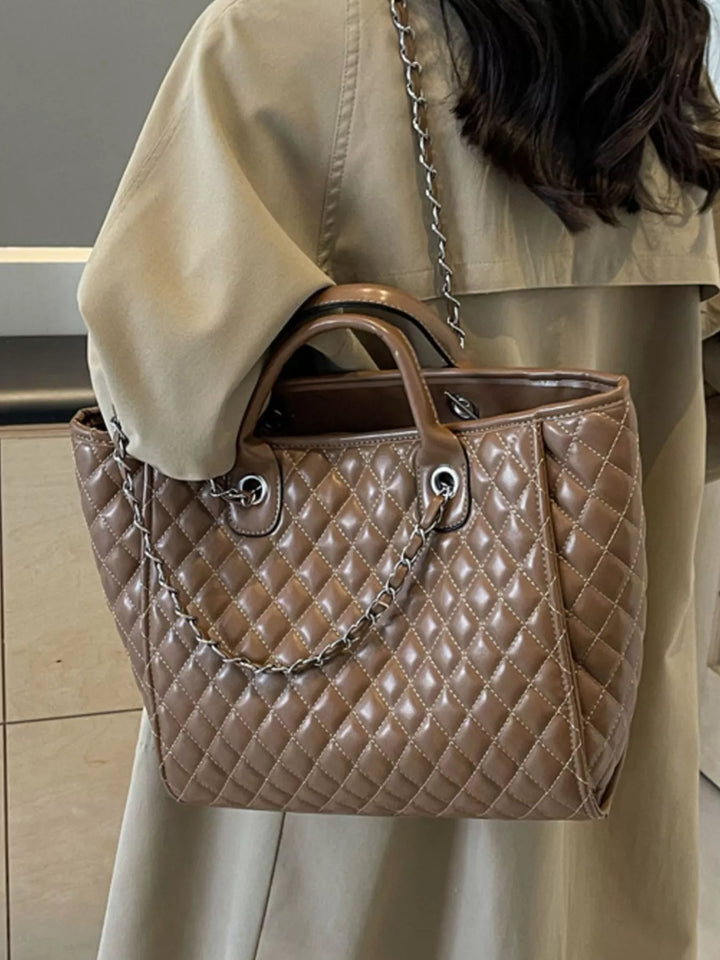 Diamond quilted faux leather tote bag with chain straps
