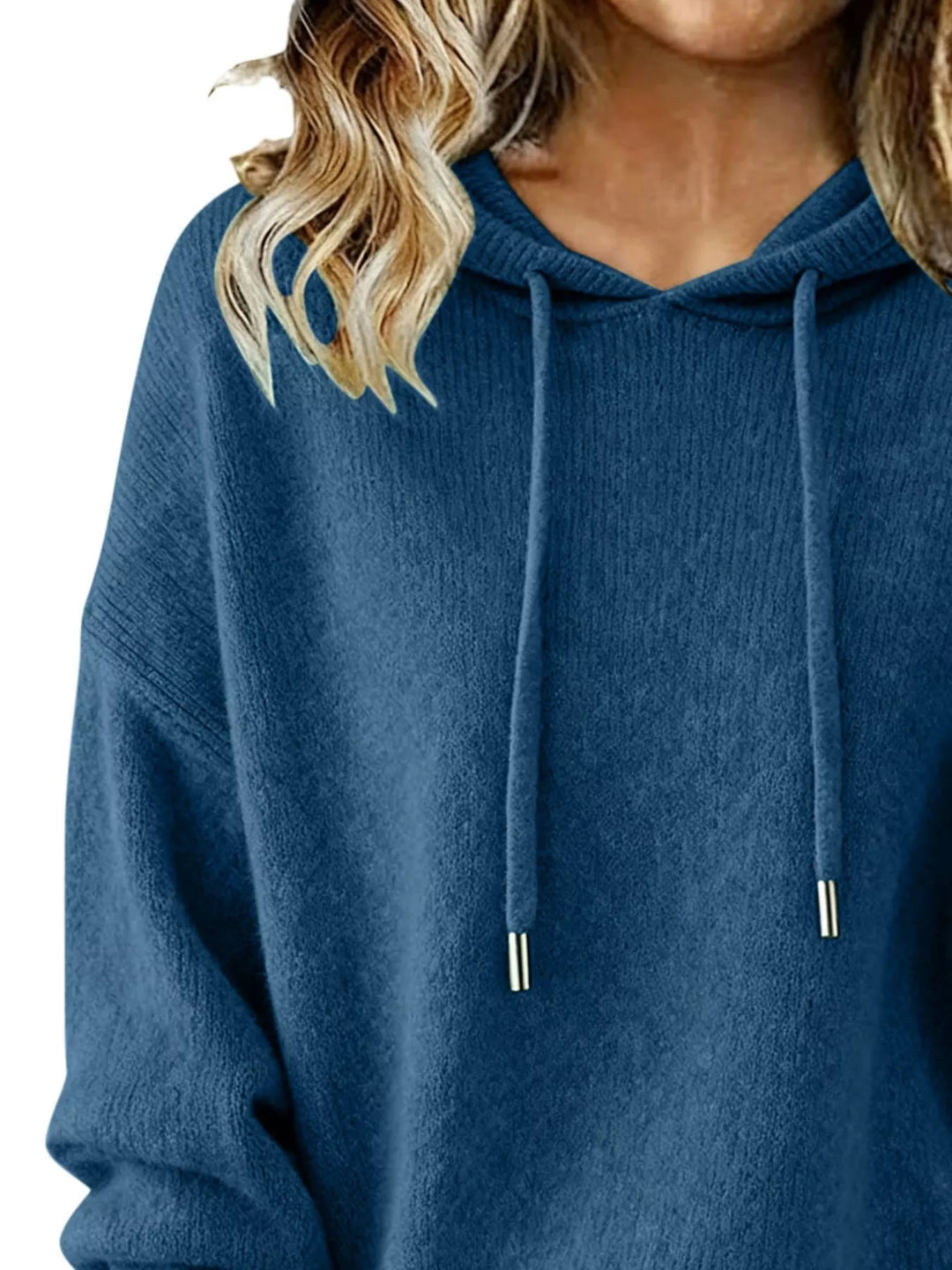 Drawstring hooded knit sweater with ribbed cuffs