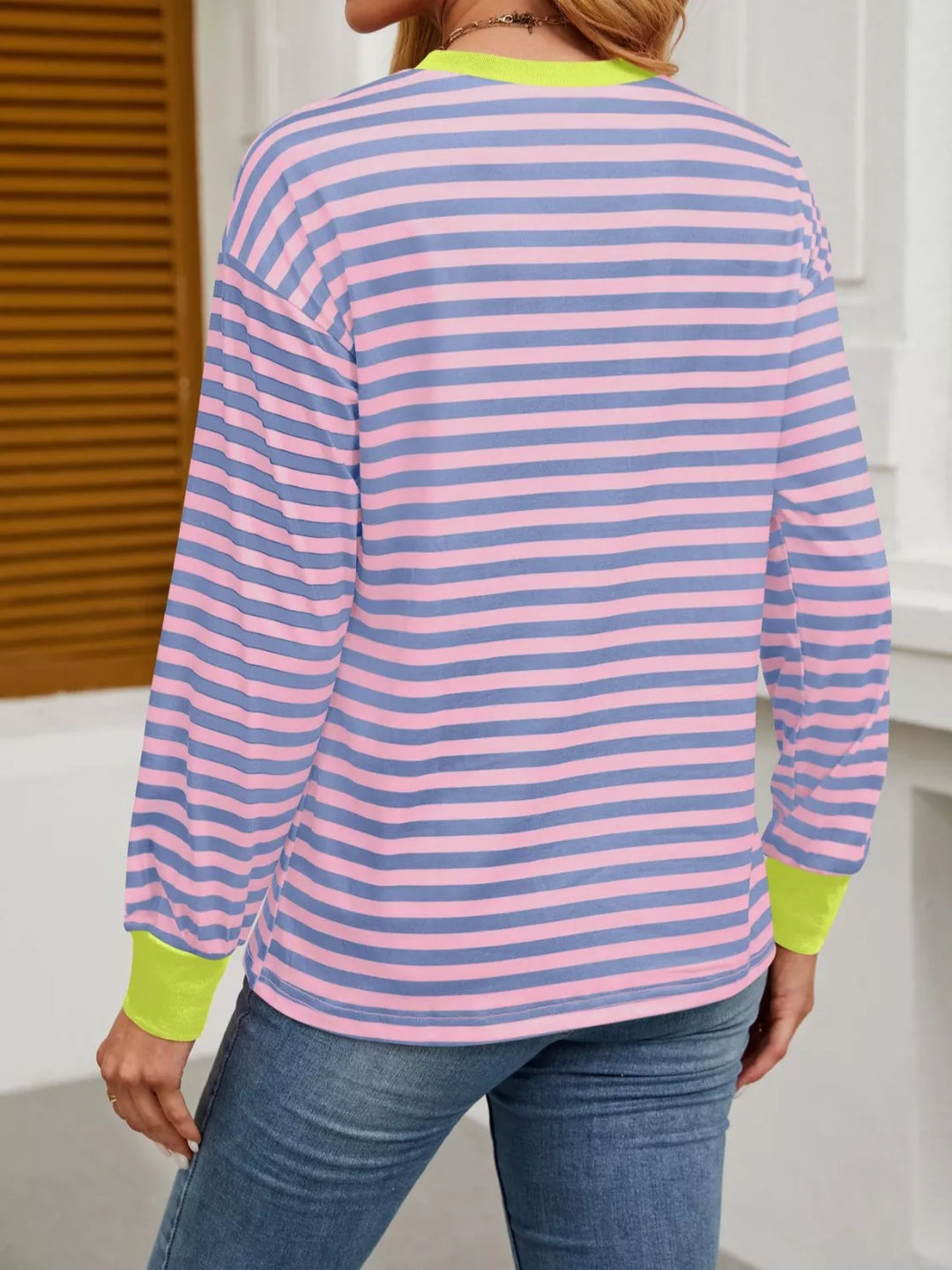 Contrast-trim striped long sleeve crew neck top