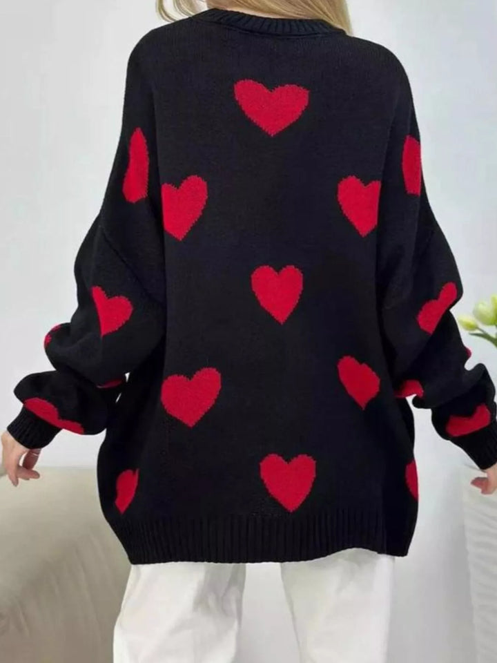 Oversized heart-print knit sweater with drop shoulders