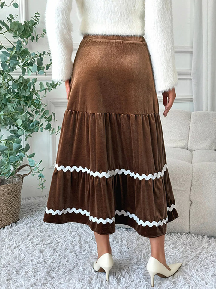 Tiered velvet midi skirt with ric-rac wave trim