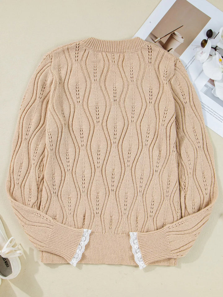 Pearl embellished pointelle knit sweater with lace cuffs