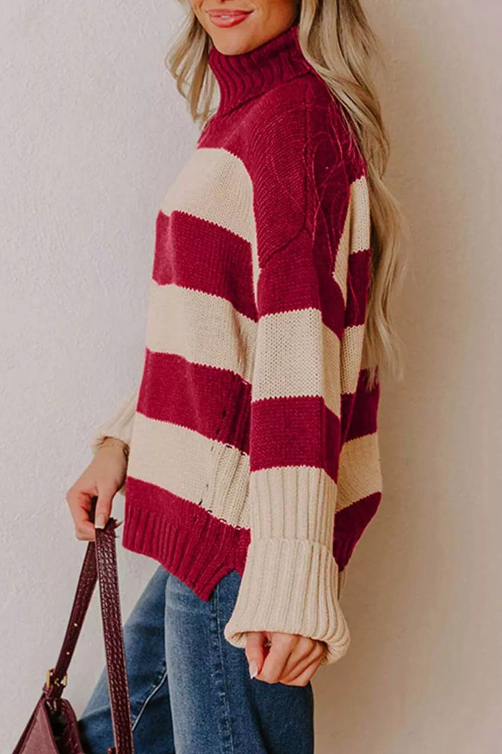 Striped turtleneck sweater with wide ribbed cuffs