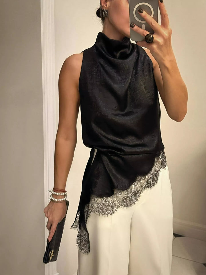 Black Asymmetric lace-hem satin cami with high cowl neck
