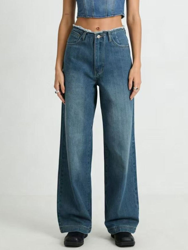 Frayed waistband high-rise wide-leg jeans