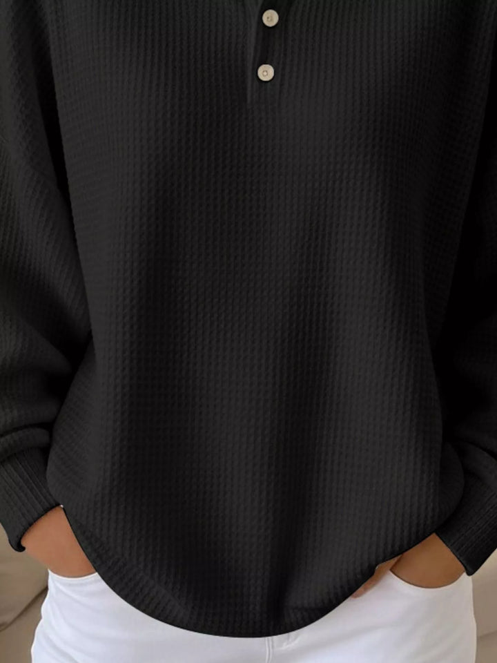 Waffle knit collared pullover with button placket