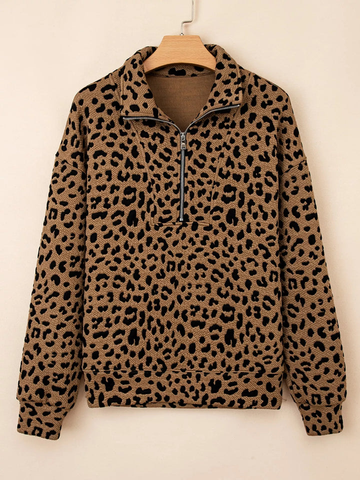 Textured leopard quarter-zip sweatshirt with pocket