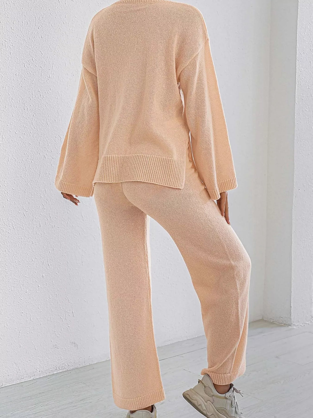 Drop shoulder knit sweater and wide leg pants set