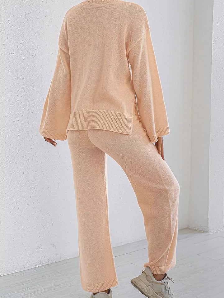 Drop shoulder knit sweater and wide leg pants set