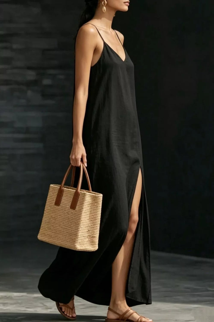 Spaghetti strap V-neck maxi dress with side slit