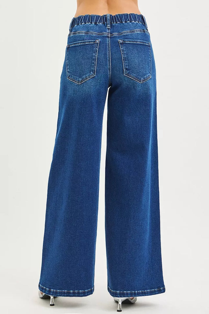 Mid-rise wide-leg pintuck jeans with drawstring