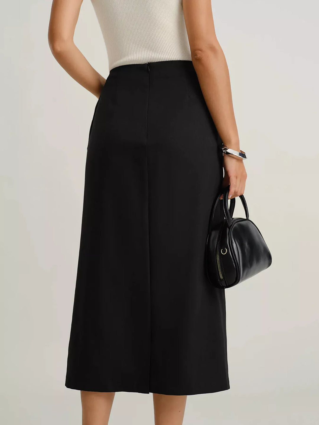 Button-front high-rise midi skirt with flap pockets and front slit