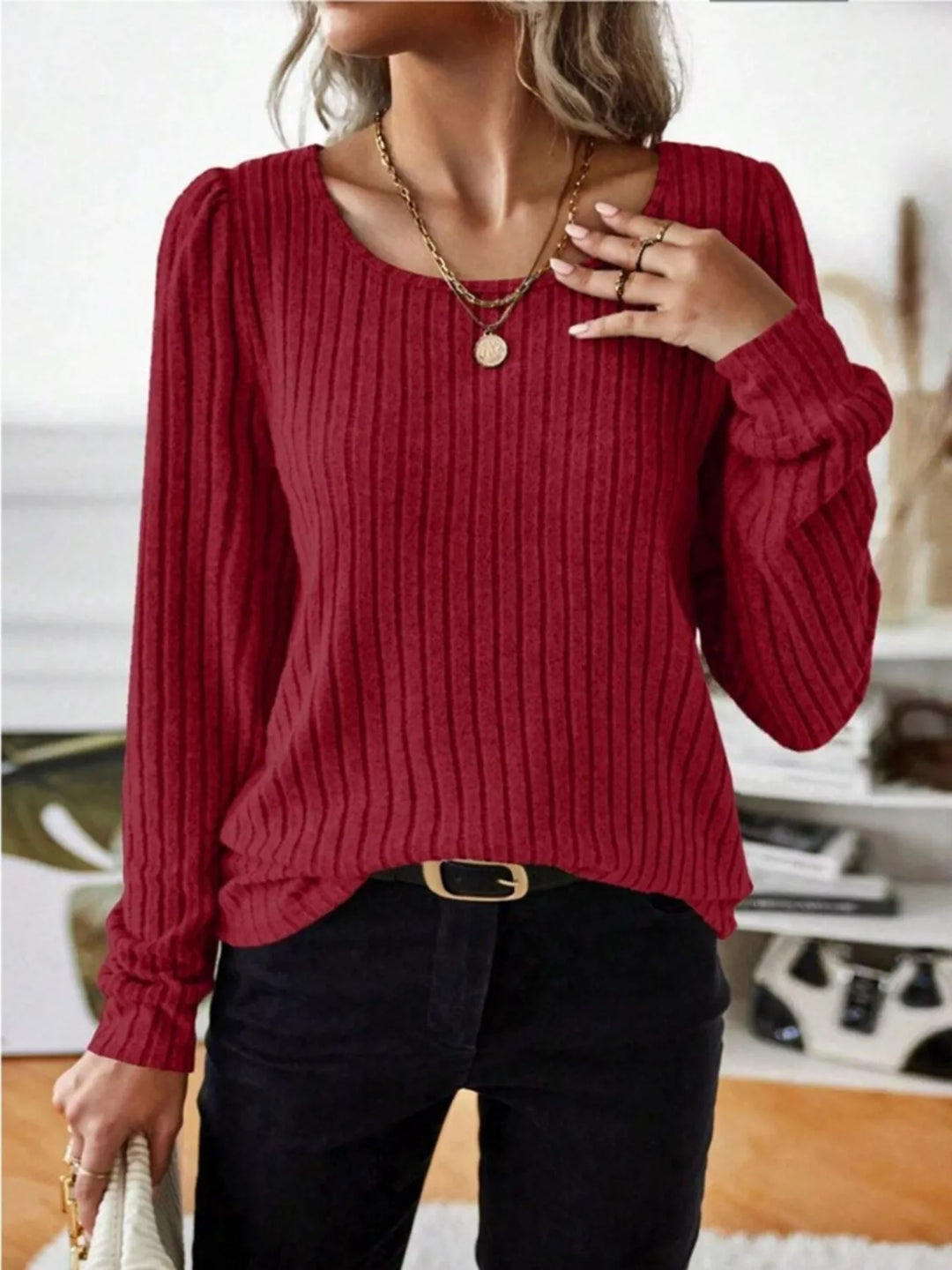 Red Ribbed knit scoop neck long sleeve top